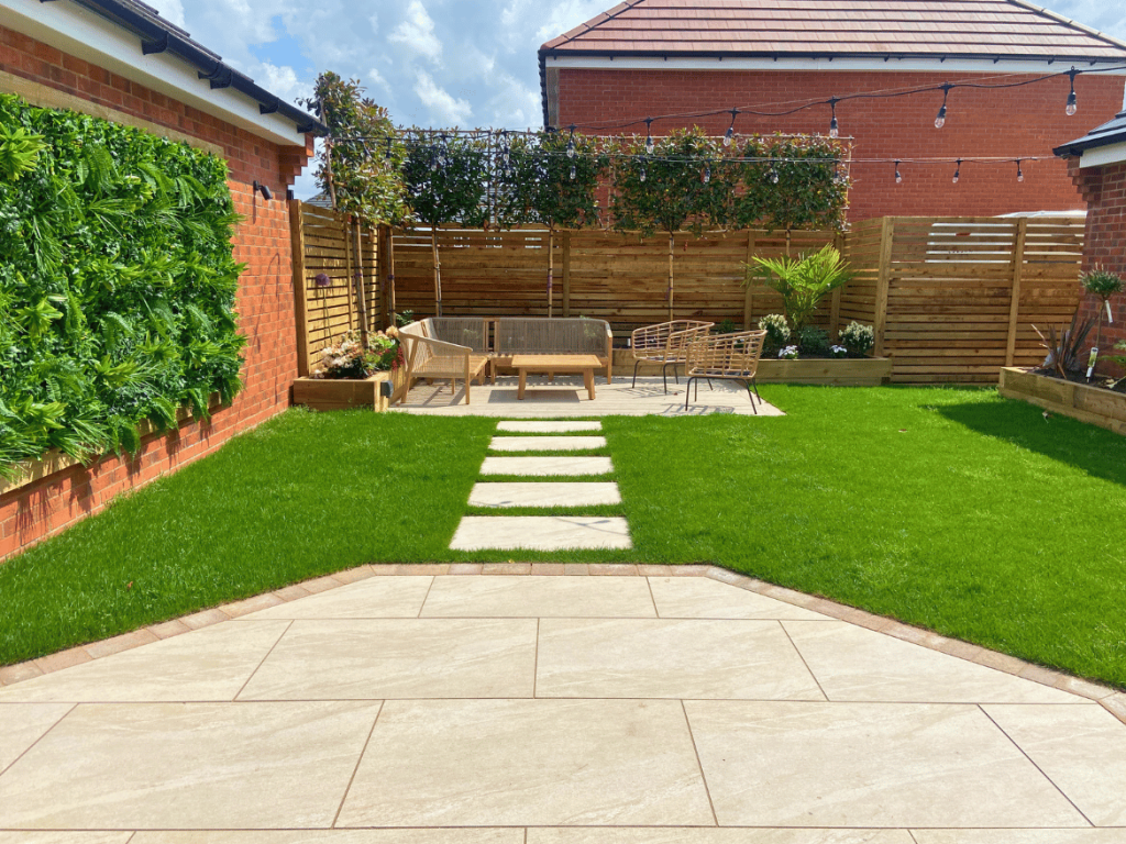 Open seating area in landscaped Leicester garden