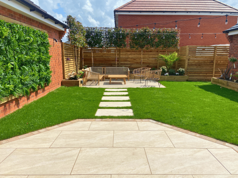 Open seating area in landscaped Leicester garden