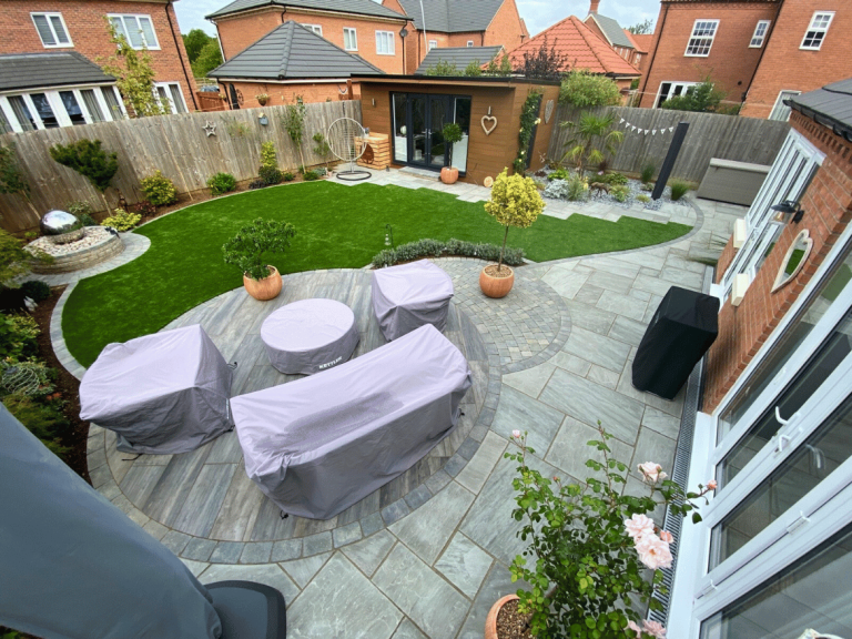 Family garden design in Leicester with lawn and patio