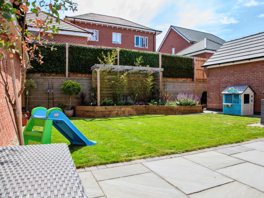 Family garden design with lawn and patio in Leicestershire