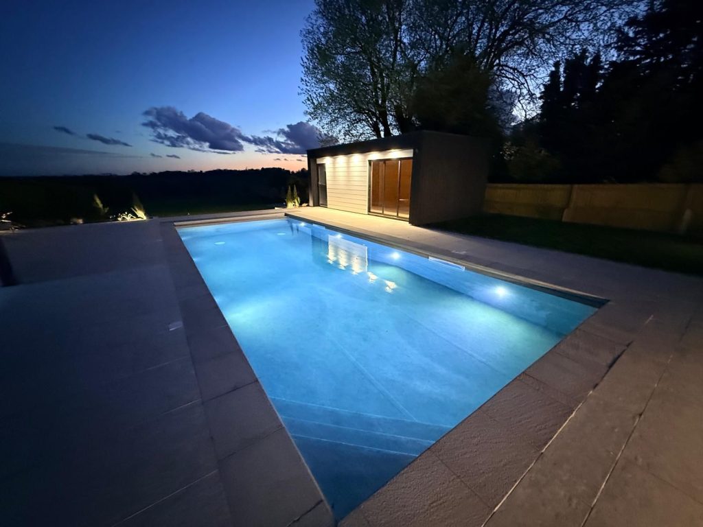 Leicestershire garden design - swimming pool in finished garden transformation